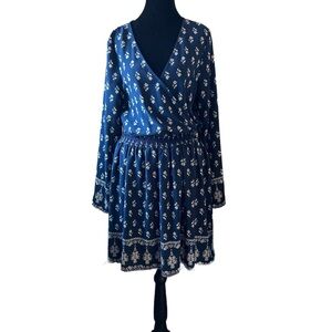 Boho Blue and White Bell Sleeve Sundress with Floral Detail